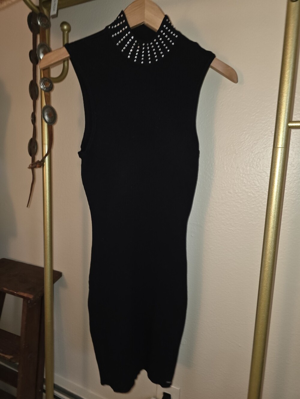 GUESS by Marciano Mockneck Rhinestone Midi Ribbed Knit Sweater Dress Size Large